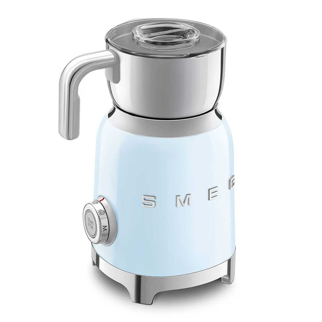 Light blue milk frother with silver accents on a white background