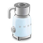 Light blue milk frother with silver accents on a white background