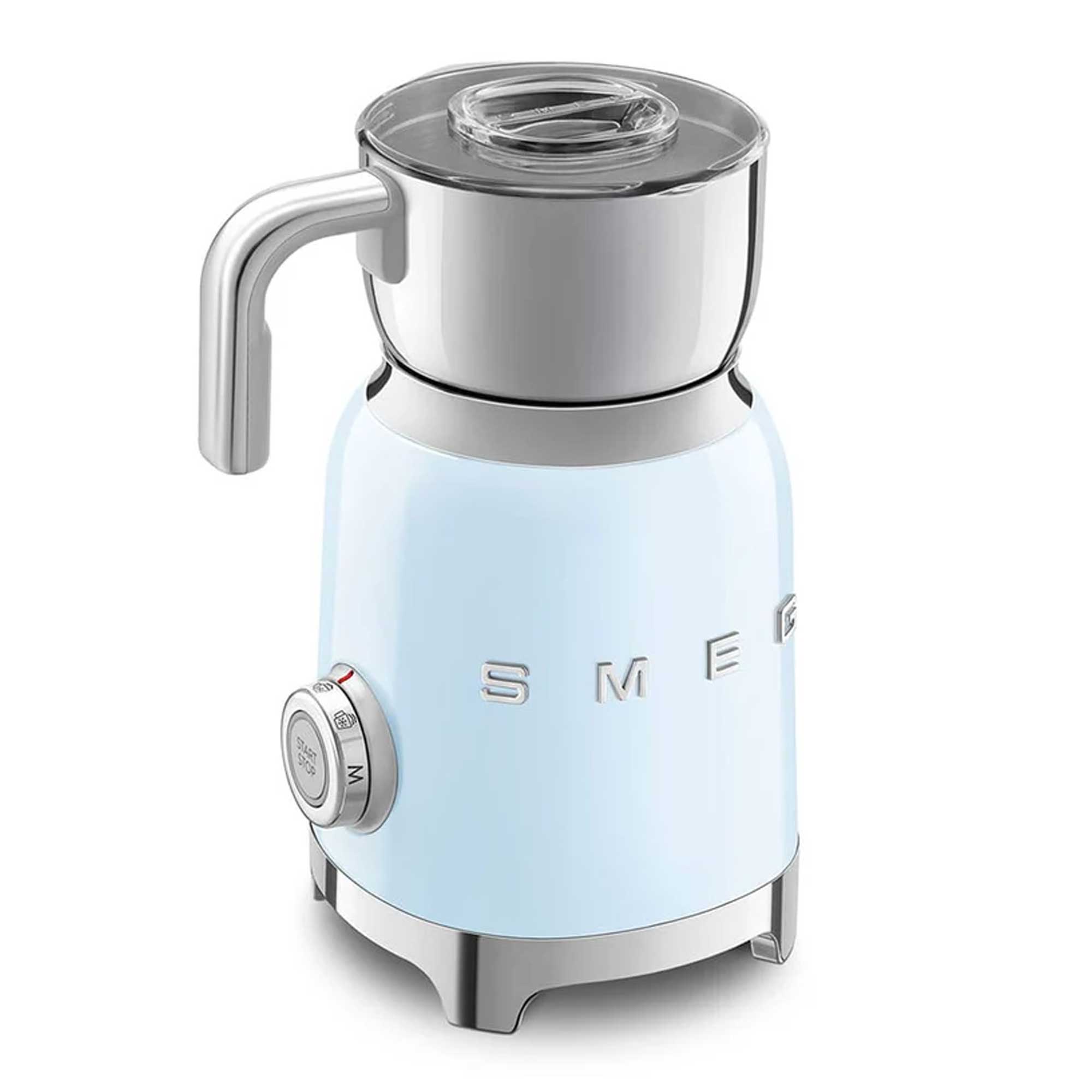 Light blue milk frother with silver accents on a white background