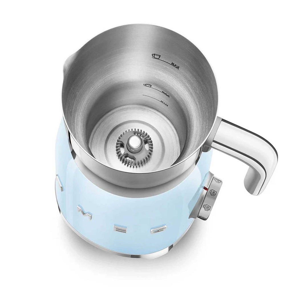 Light blue electric milk frother with stainless steel interior on a white background