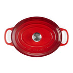 Cerise cast iron casserole dish with white handles on a white background, featuring Le Creuset branding.