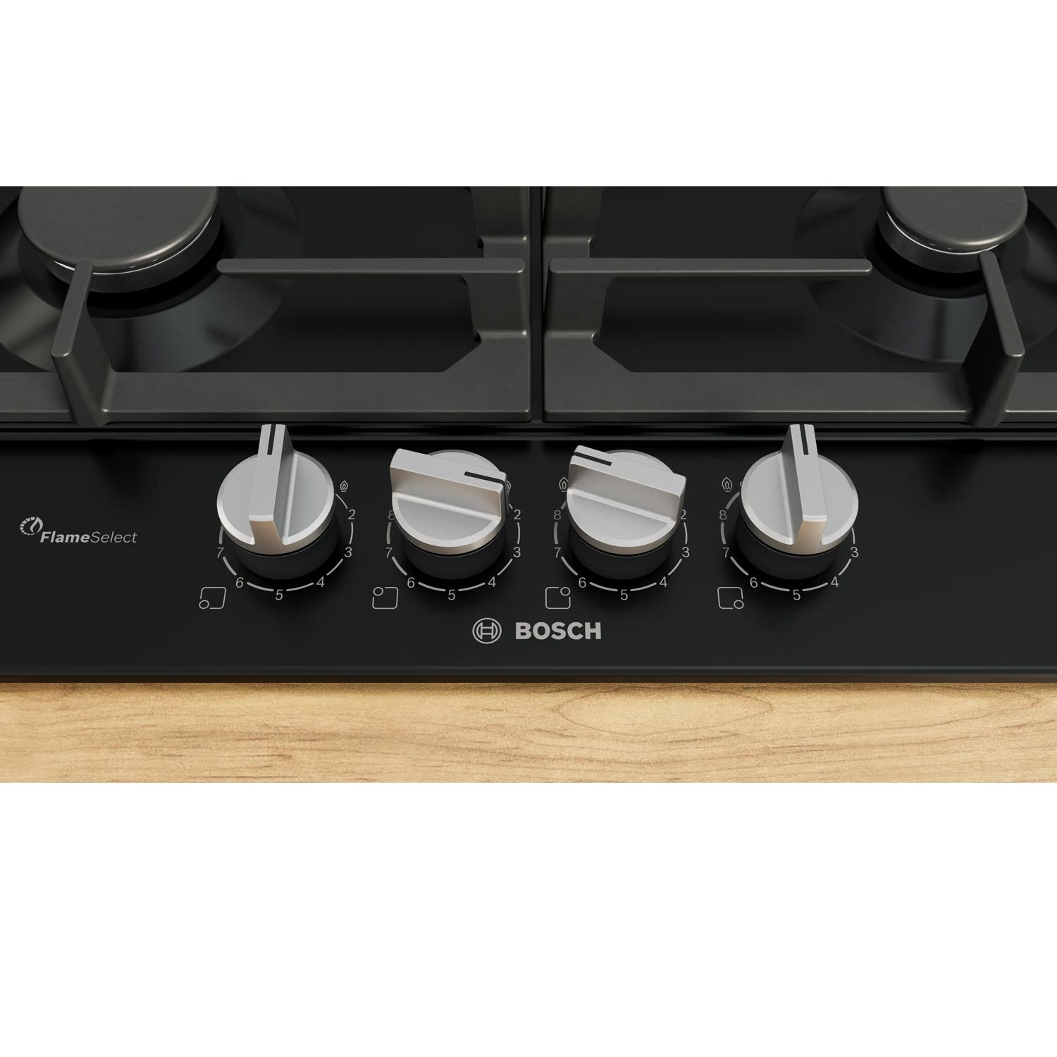 Bosch PCP6A6I90 4 Burner Built In Gas Hob with Rotary Controls, Black Enamel with Cast Iron Pan Supports