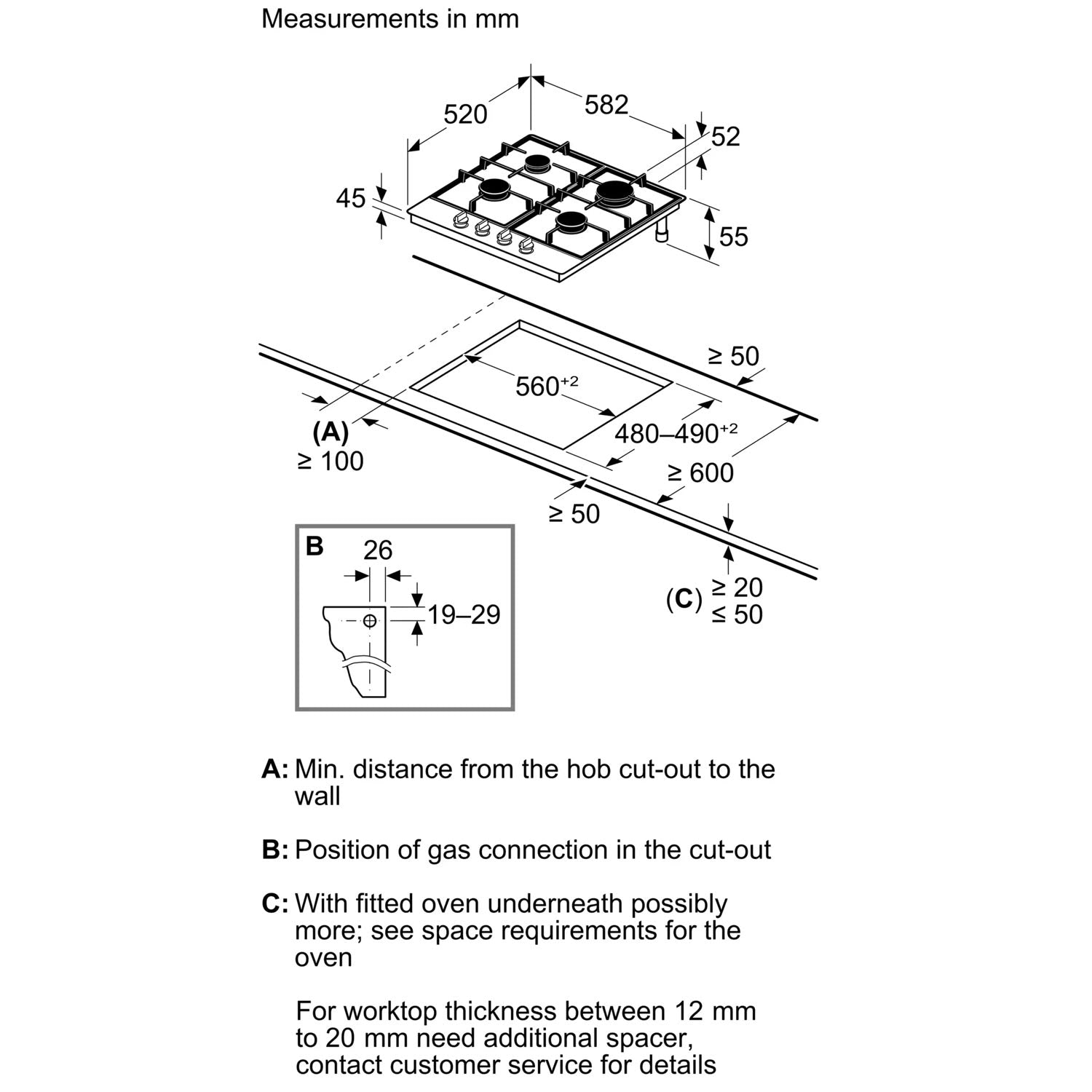 Bosch PCP6A6I90 4 Burner Built In Gas Hob with Rotary Controls, Black Enamel with Cast Iron Pan Supports