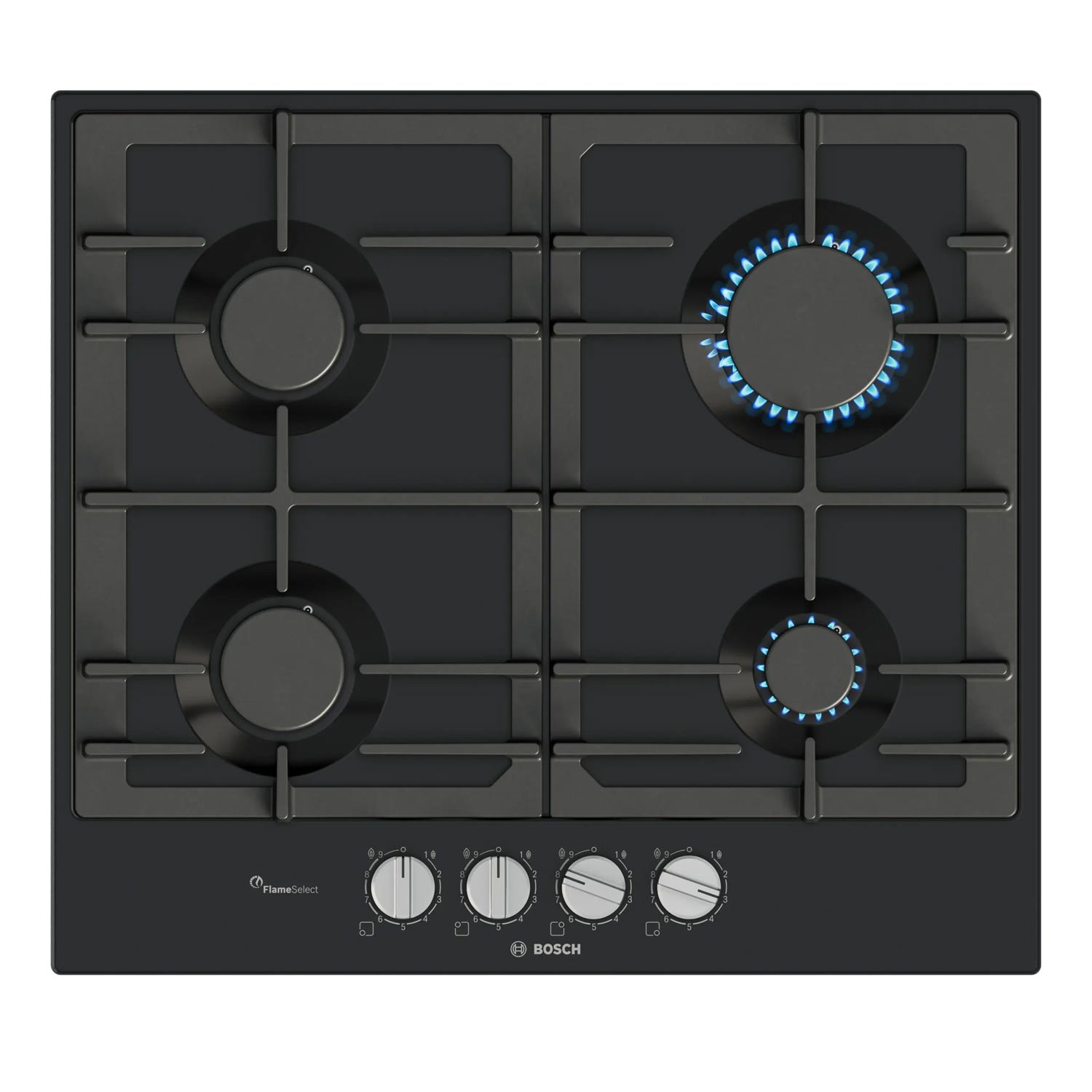 Bosch PCP6A6I90 4 Burner Built In Gas Hob with Rotary Controls, Black Enamel with Cast Iron Pan Supports
