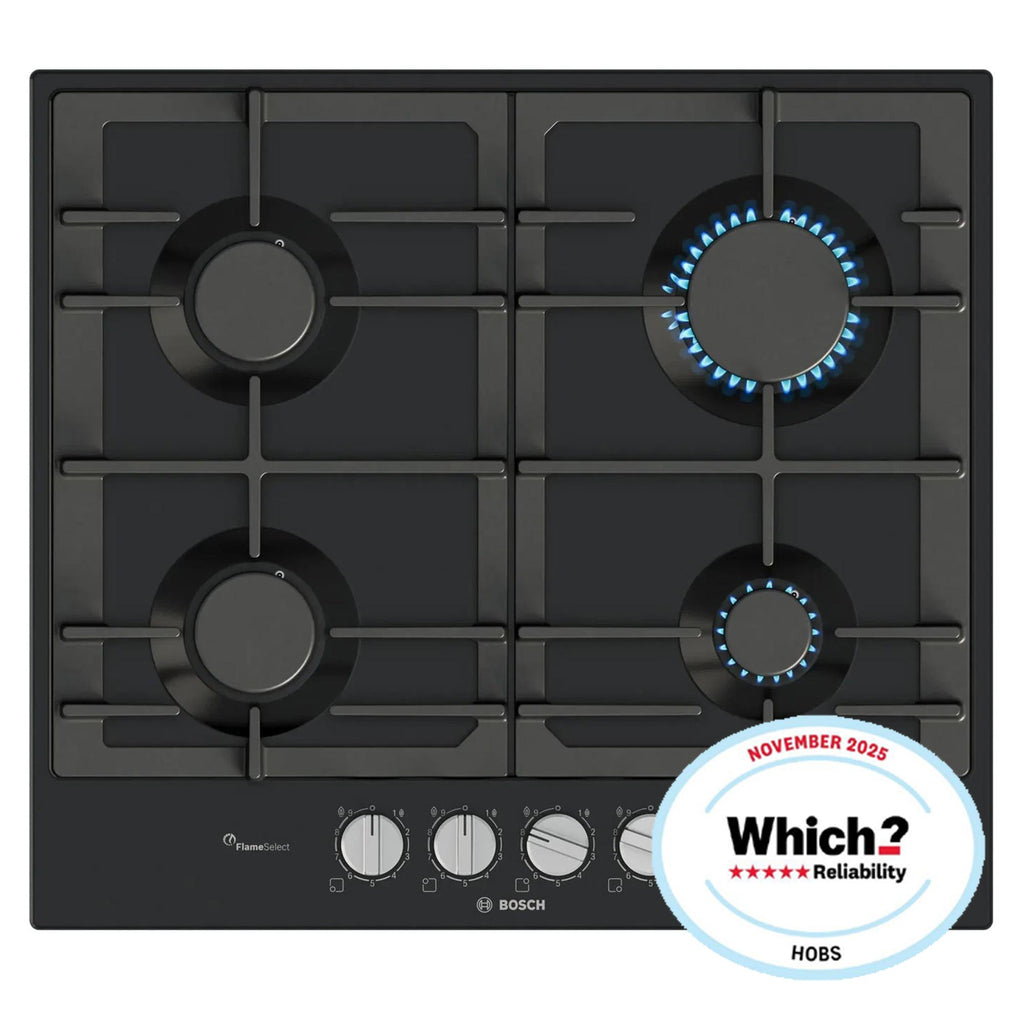 Bosch PCP6A6I90 4 Burner Built In Gas Hob with Rotary Controls, Black Enamel with Cast Iron Pan Supports