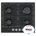 Bosch PCP6A6I90 4 Burner Built In Gas Hob with Rotary Controls, Black Enamel with Cast Iron Pan Supports