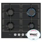 Bosch PCP6A6I90 4 Burner Built In Gas Hob with Rotary Controls, Black Enamel with Cast Iron Pan Supports