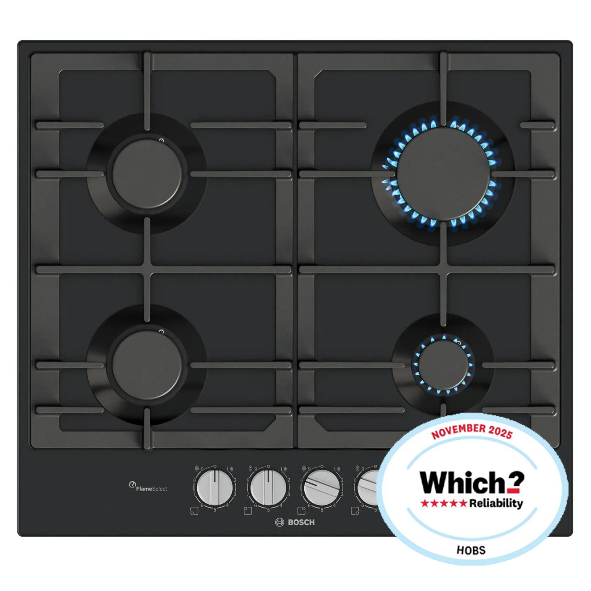 Bosch PCP6A6I90 4 Burner Built In Gas Hob with Rotary Controls, Black Enamel with Cast Iron Pan Supports