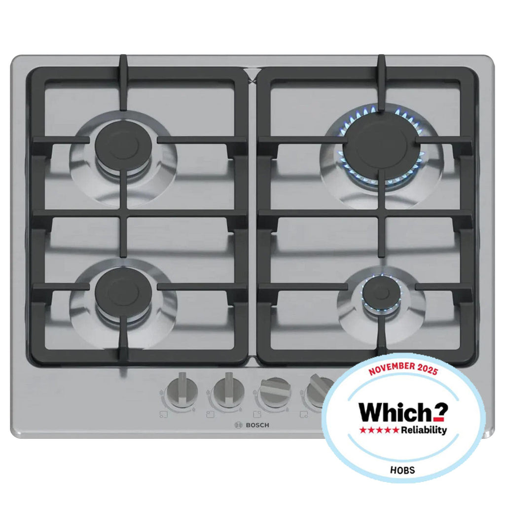 Bosch PGP6B5K90 4 Burner Built In Gas Hob with Rotary Controls, Stainless Steel with Cast Iron Pan Supports
