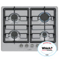 Bosch PGP6B5K90 4 Burner Built In Gas Hob with Rotary Controls, Stainless Steel with Cast Iron Pan Supports
