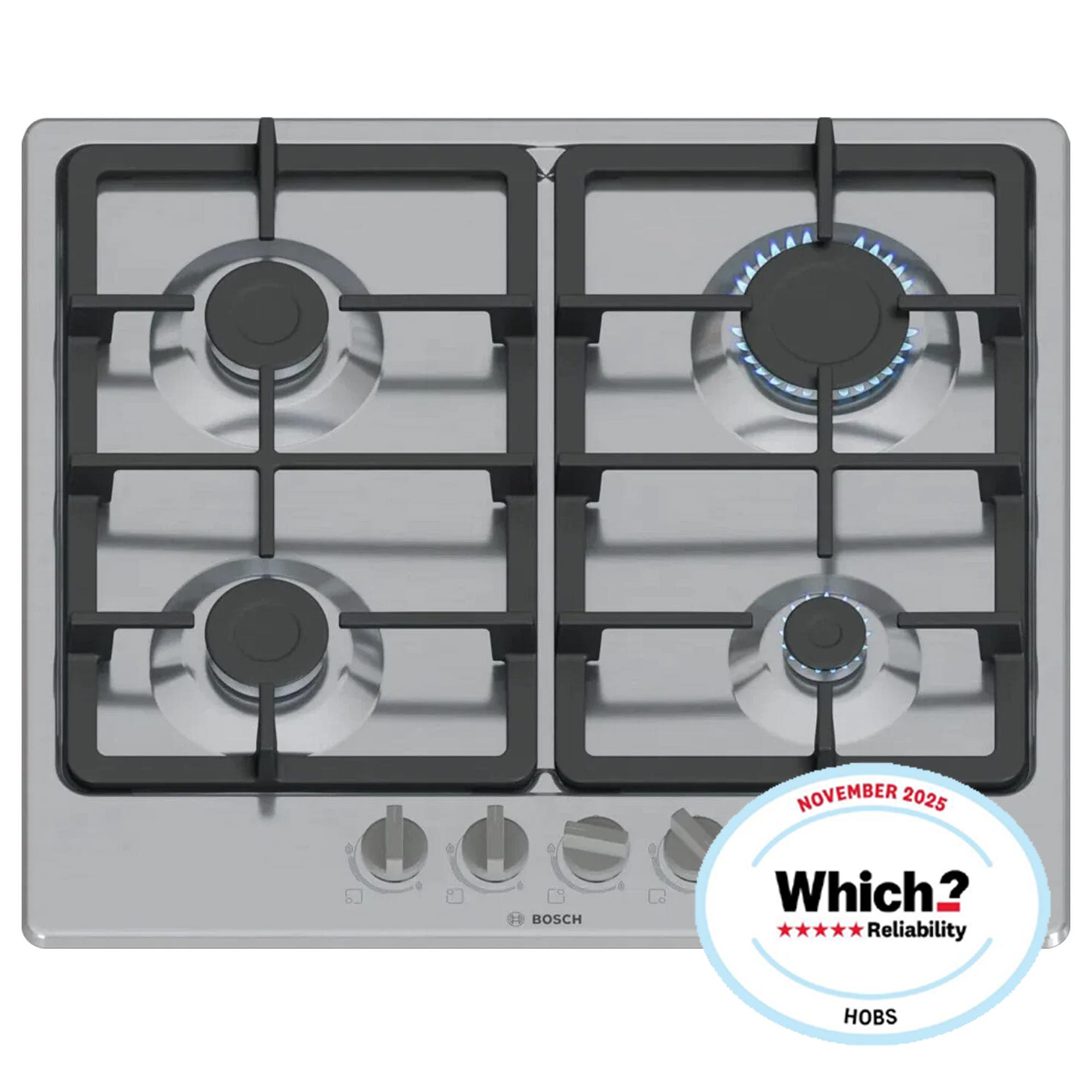 Bosch PGP6B5K90 4 Burner Built In Gas Hob with Rotary Controls, Stainless Steel with Cast Iron Pan Supports