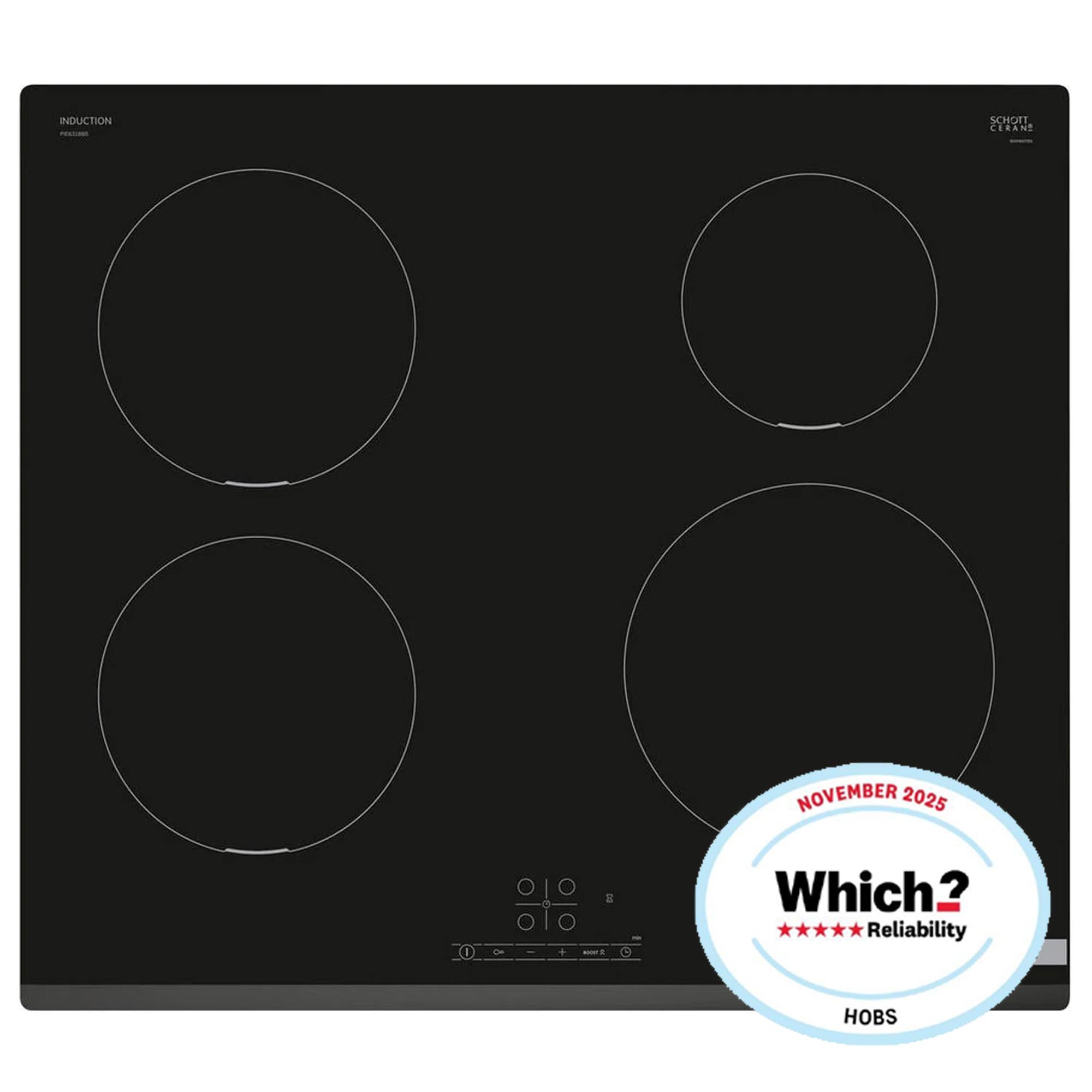 Bosch PIE631BB5E 60cm 4 Zone Built-In Electric Induction Hob with Touch Control, 32 Amp, Black Glass