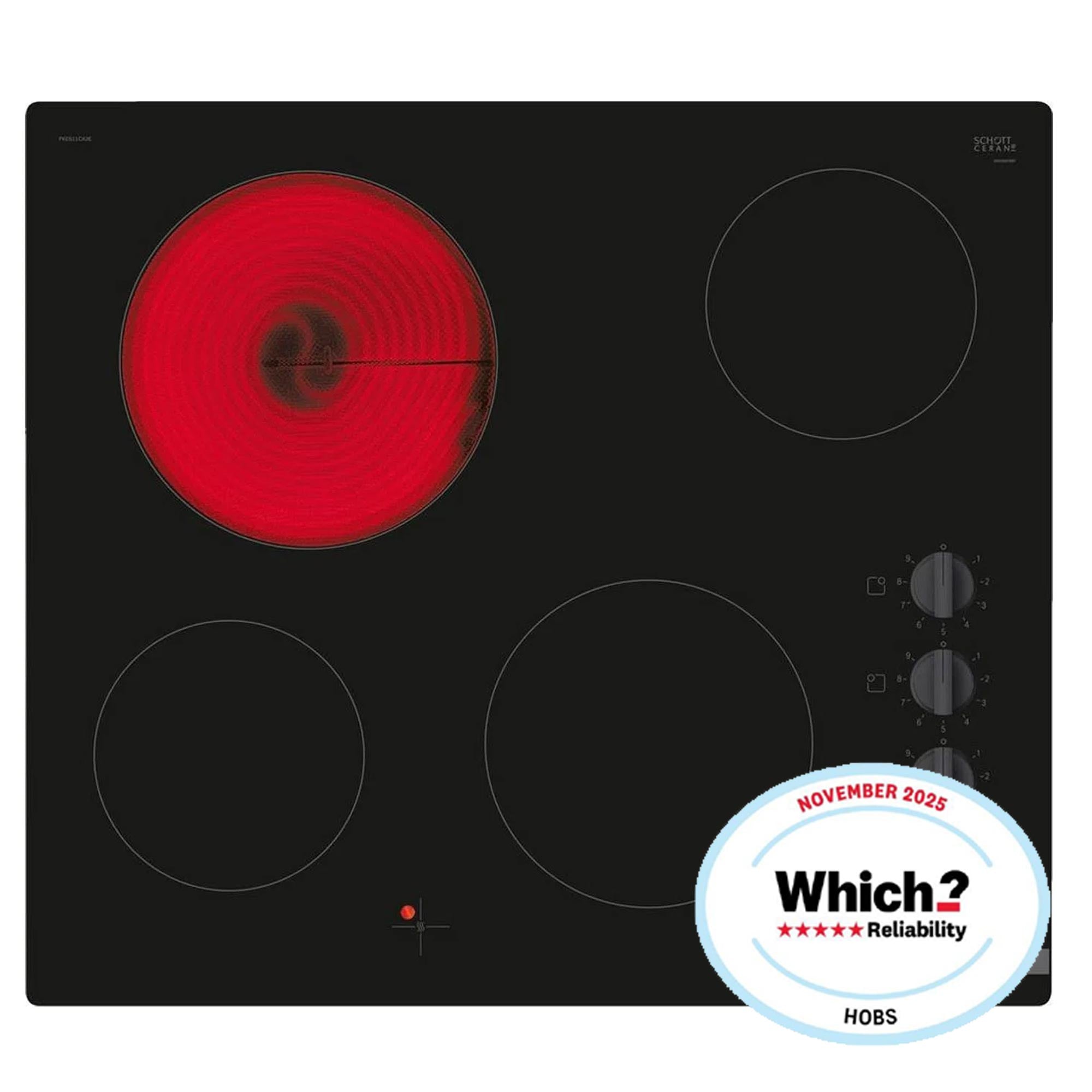 Bosch PKE611CA3E 60cm 4 Zone Built-In Electric Ceramic Hob with Rotary Control, 32 Amp, Black Glass