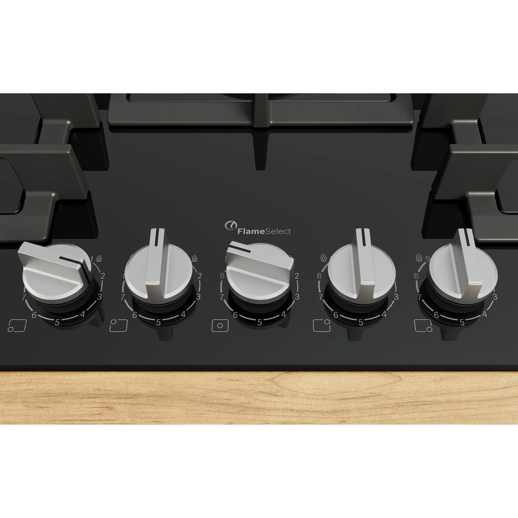 Bosch PPQ7A6I40 5 Burner Built In Gas Hob with Rotary Controls, Black Tempered Glass with Cast Iron Pan Supports