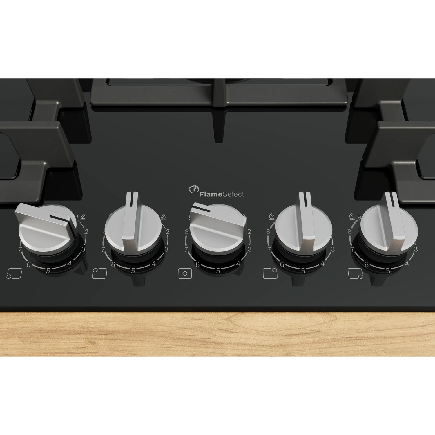 Bosch PPQ7A6I40 5 Burner Built In Gas Hob with Rotary Controls, Black Tempered Glass with Cast Iron Pan Supports