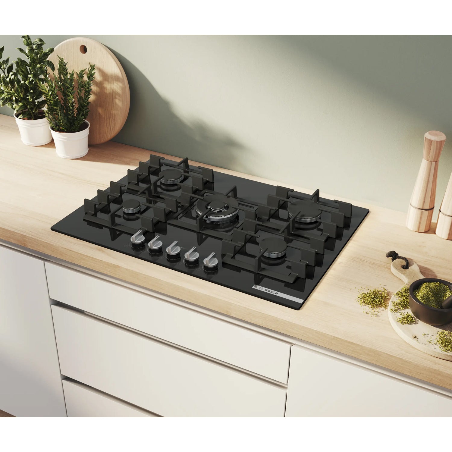 Bosch PPQ7A6I40 5 Burner Built In Gas Hob with Rotary Controls, Black Tempered Glass with Cast Iron Pan Supports