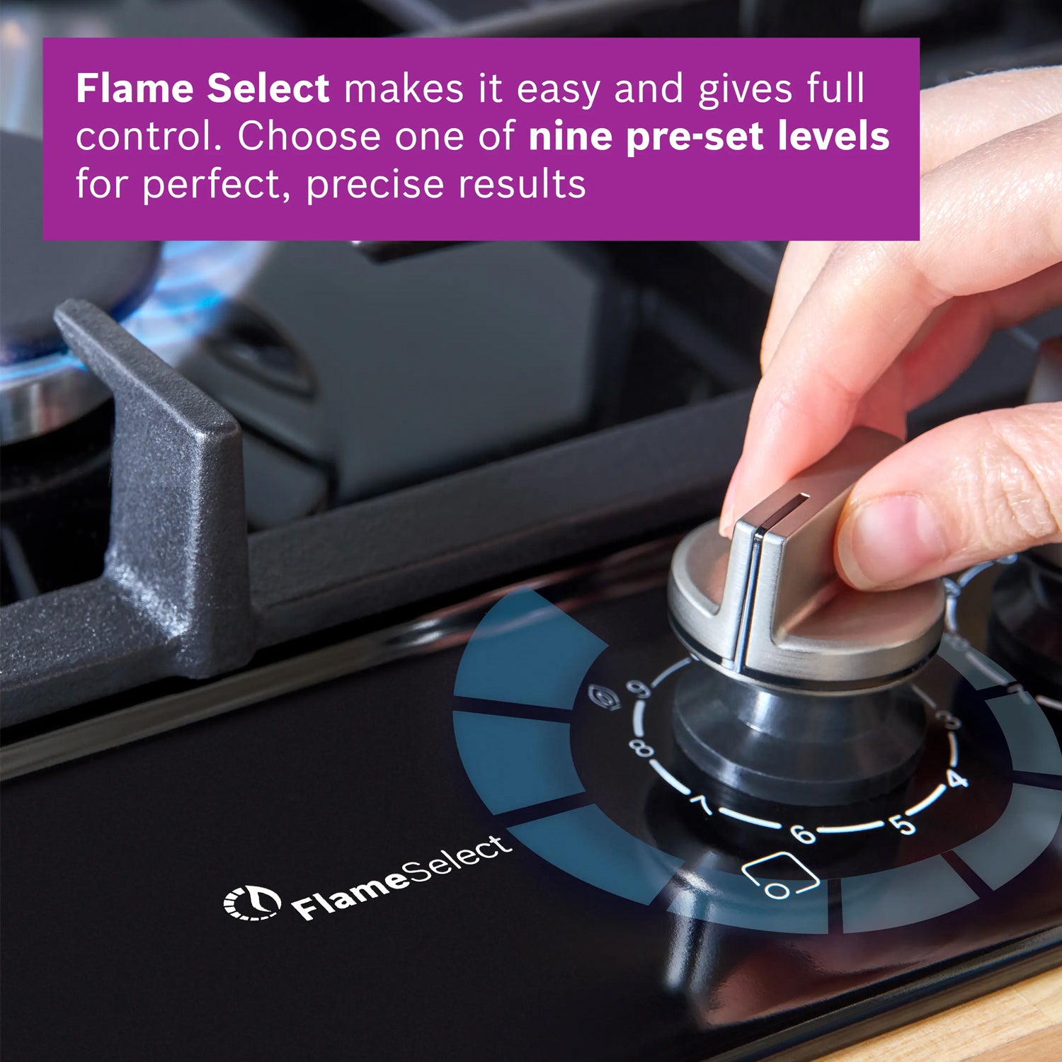 Bosch PPQ7A6I40 5 Burner Built In Gas Hob with Rotary Controls, Black Tempered Glass with Cast Iron Pan Supports