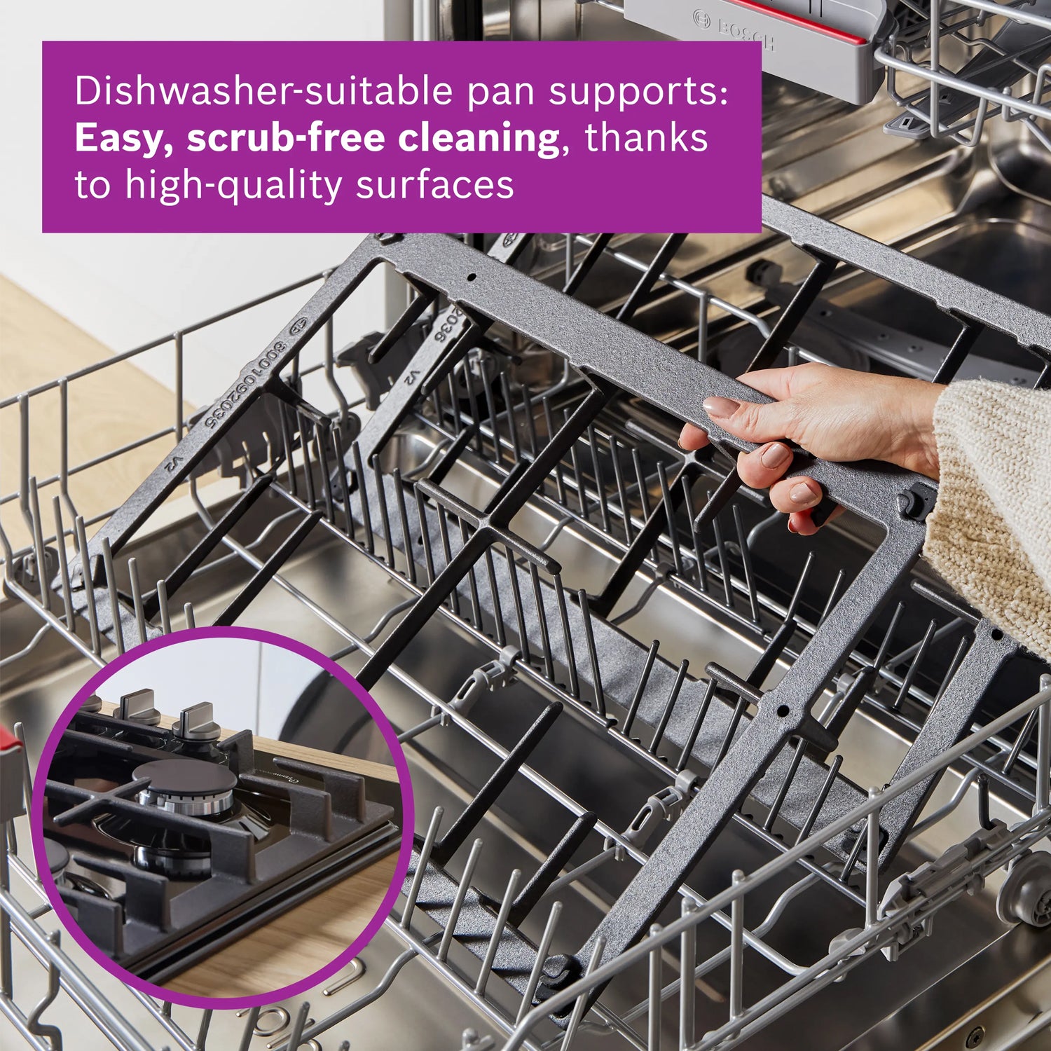 Bosch PPQ7A6I40 5 Burner Built In Gas Hob with Rotary Controls, Black Tempered Glass with Cast Iron Pan Supports