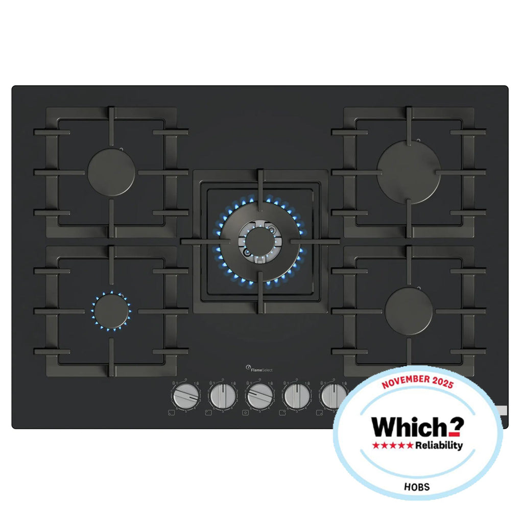 Bosch PPQ7A6I40 5 Burner Built In Gas Hob with Rotary Controls, Black Tempered Glass with Cast Iron Pan Supports