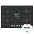 Bosch PPQ7A6I40 5 Burner Built In Gas Hob with Rotary Controls, Black Tempered Glass with Cast Iron Pan Supports