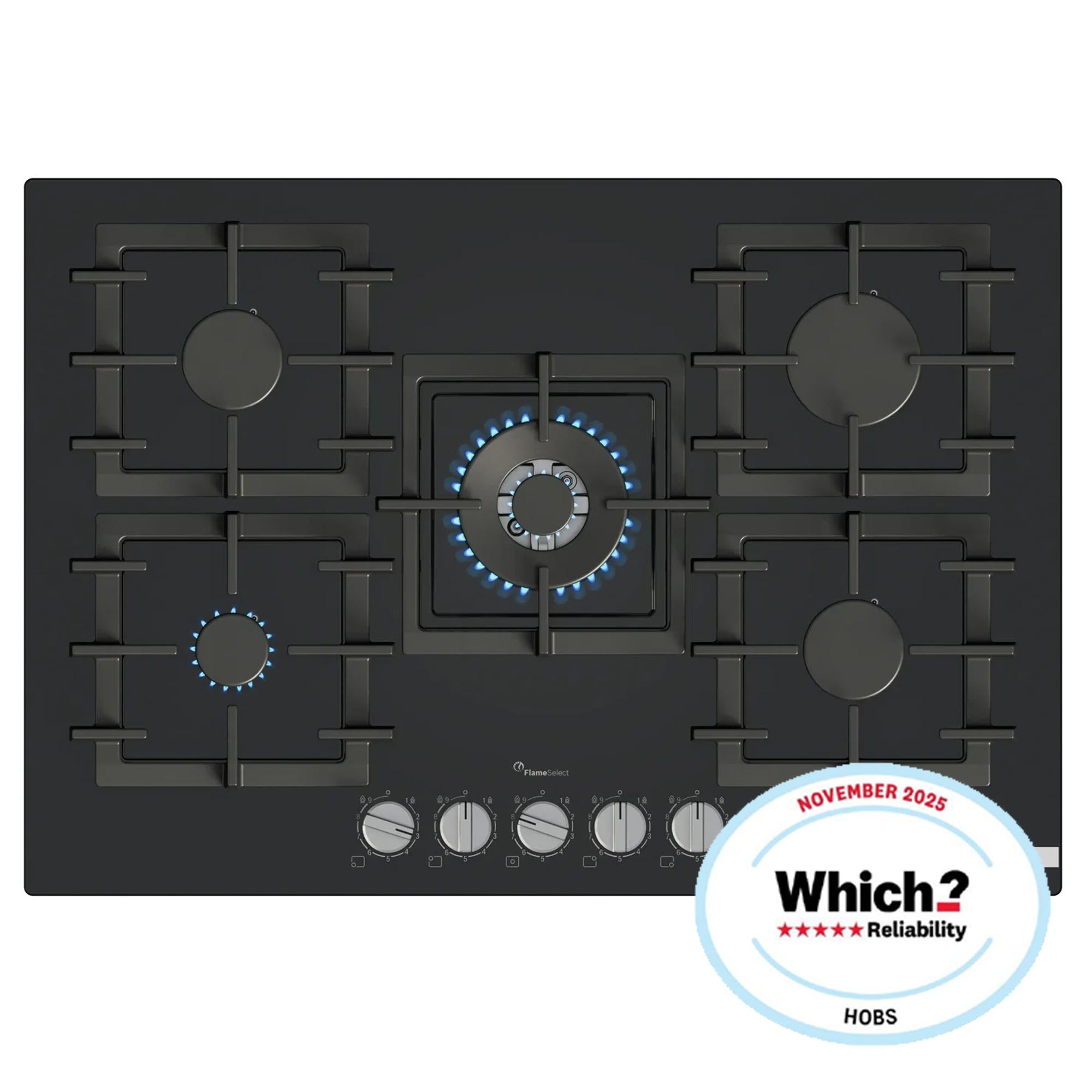 Bosch PPQ7A6I40 5 Burner Built In Gas Hob with Rotary Controls, Black Tempered Glass with Cast Iron Pan Supports