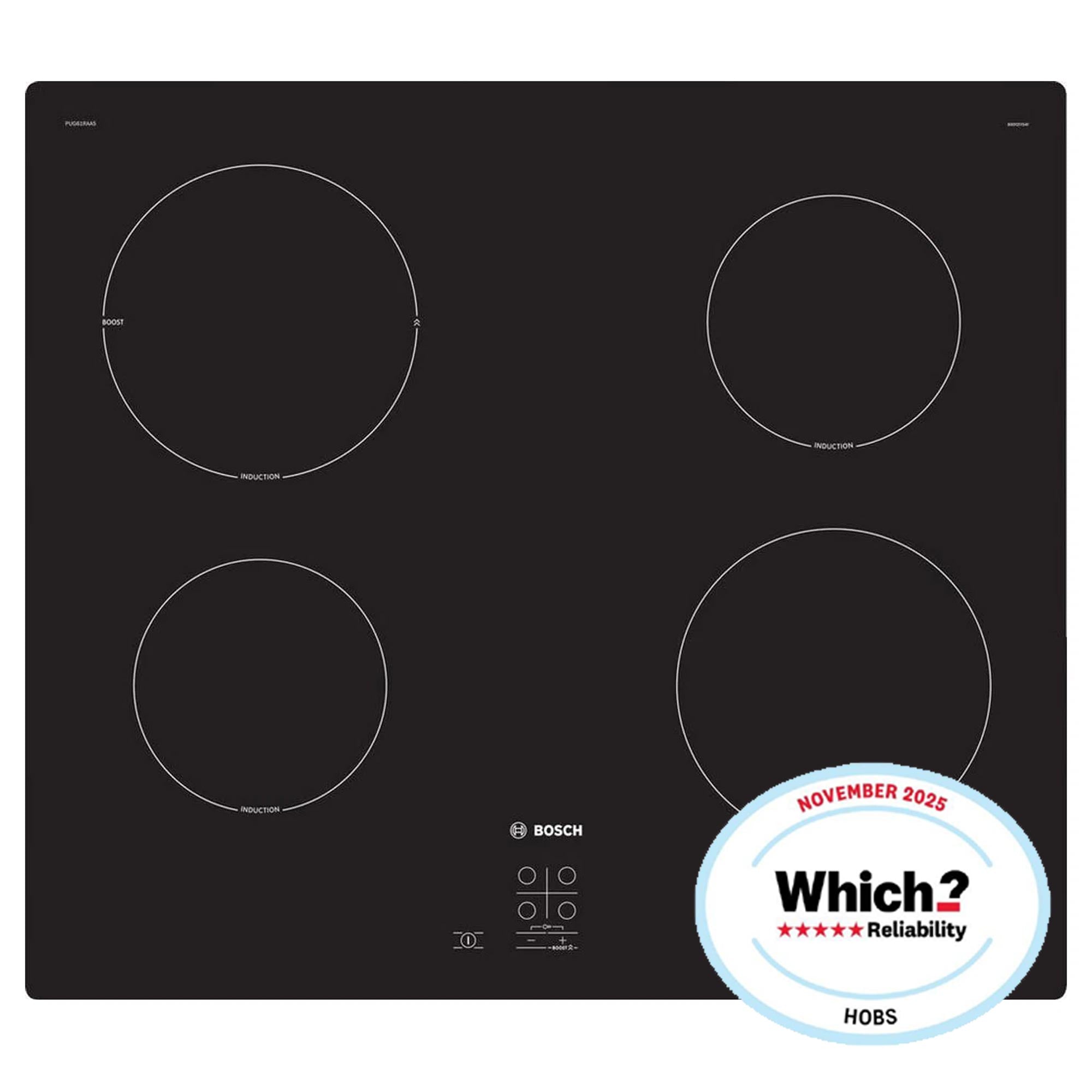 Bosch PUG61RAA5B 60cm 4 Zone Built-In Electric Induction Hob with Touch Control, 13 Amp, Black Glass