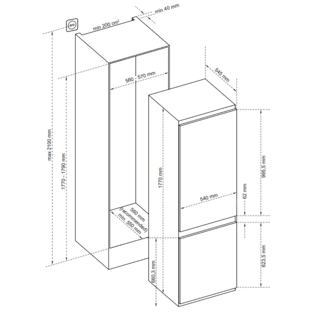 Sensis RFCMBI015470EW 177cm Tall Integrated Fridge Freezer, 180 Litre Fridge, 63 Litre Freezer, 54cm Wide, Frost Free