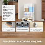 A smart robot vacuum charging station setup shown in a home interior, with a robot vacuum docked inside a white and clear charging unit. The image includes feature callout panels on the left and bottom describing capabilities such as auto map drying, auto water tank refilling, 100°C thermohub mop self-cleaning, and AceClean dry board system.