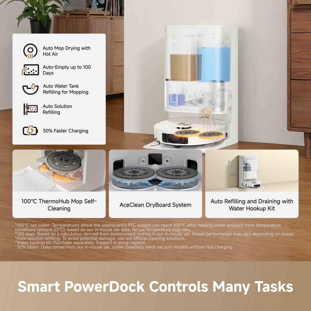 A smart robot vacuum charging station setup shown in a home interior, with a robot vacuum docked inside a white and clear charging unit. The image includes feature callout panels on the left and bottom describing capabilities such as auto map drying, auto water tank refilling, 100°C thermohub mop self-cleaning, and AceClean dry board system.