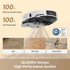 A white Dreame robotic vacuum cleaner shown from above on a beige background, with text claiming 100% effective particle pickup and 100% hair pickup rate. Dust is illustrated being sucked up.