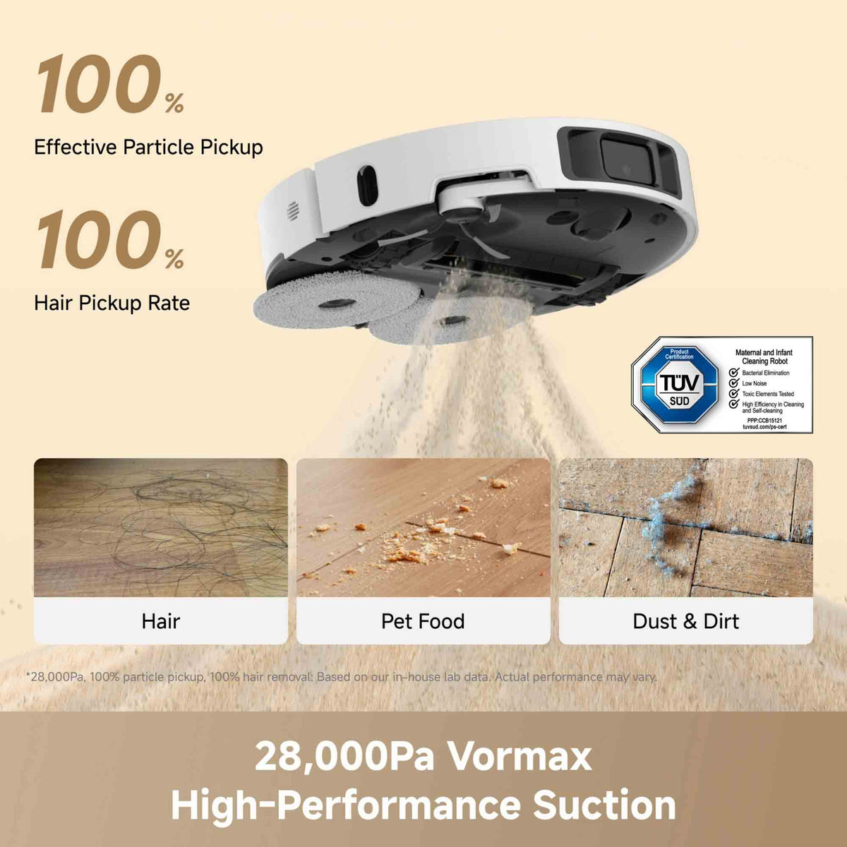 A white Dreame robotic vacuum cleaner shown from above on a beige background, with text claiming 100% effective particle pickup and 100% hair pickup rate. Dust is illustrated being sucked up.