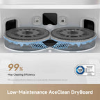 A clean product marketing graphic showing a robotic floor cleaner underside with two rotating mopping pads and blue water spray lines. Text below reads '99% Mop Cleaning Efficiency' and 'Low-Maintenance AceClean DryBoard,' with a TUV award badge on the right.