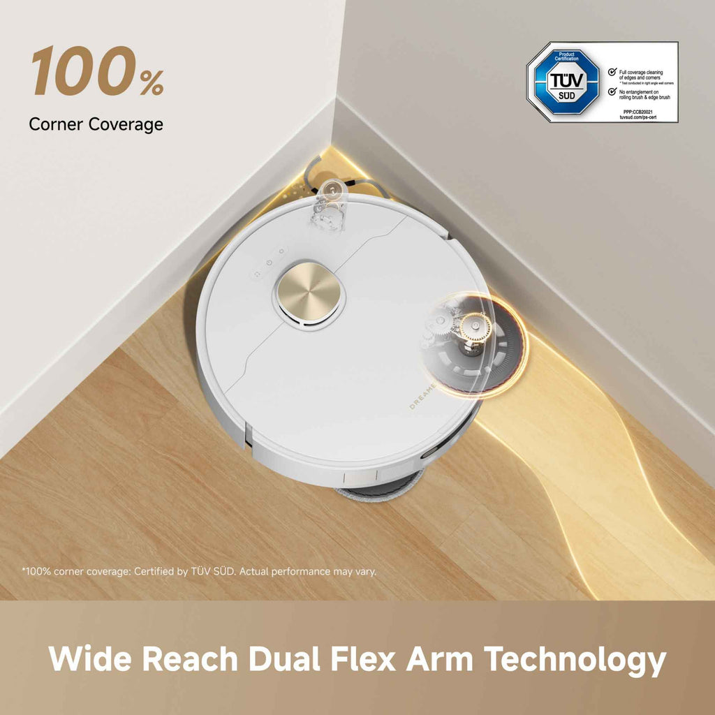 Robot vacuum cleaner with dual flex arm technology cleaning a corner on a wooden floor, TUV logo visible.