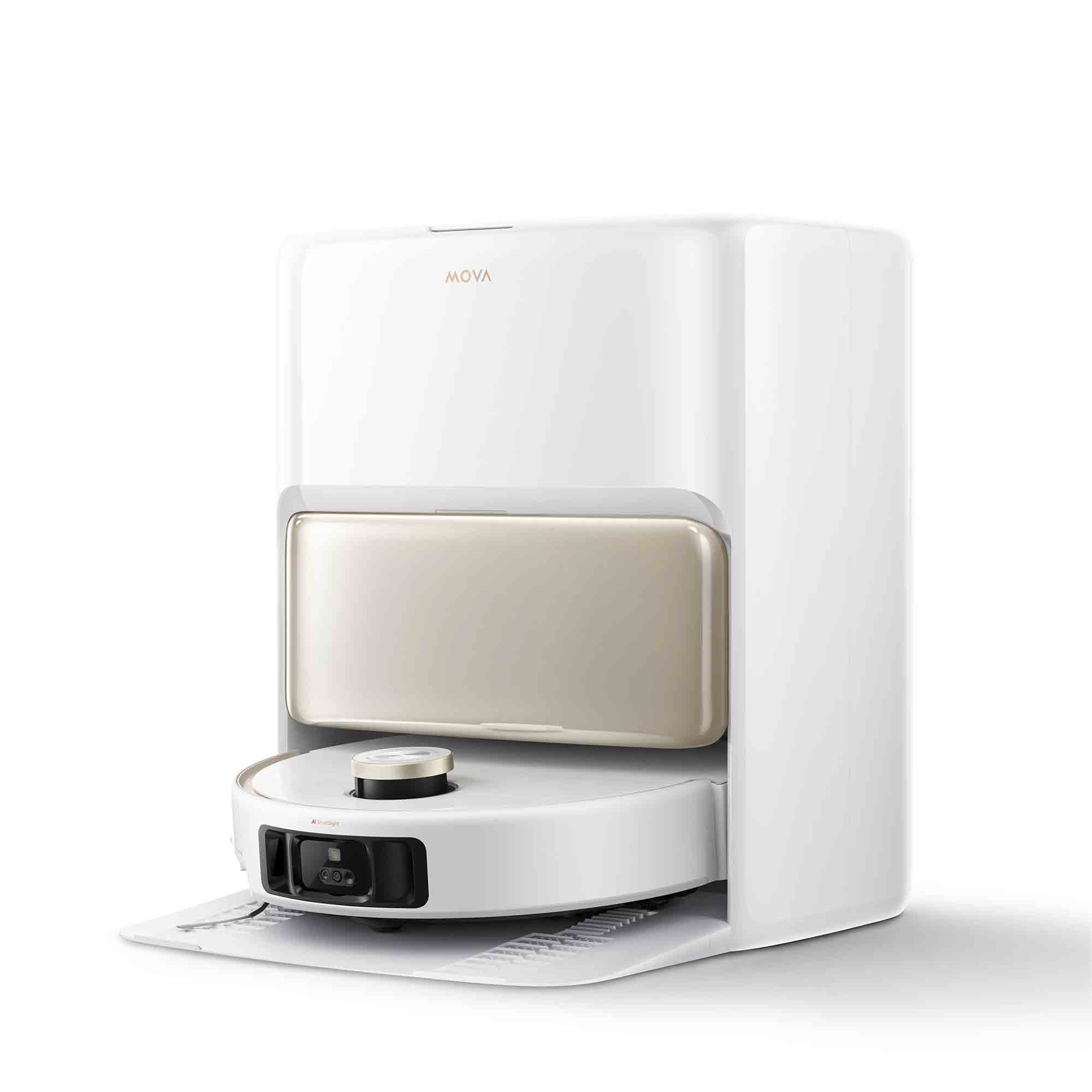 White and gold robot vacuum cleaner on a white background