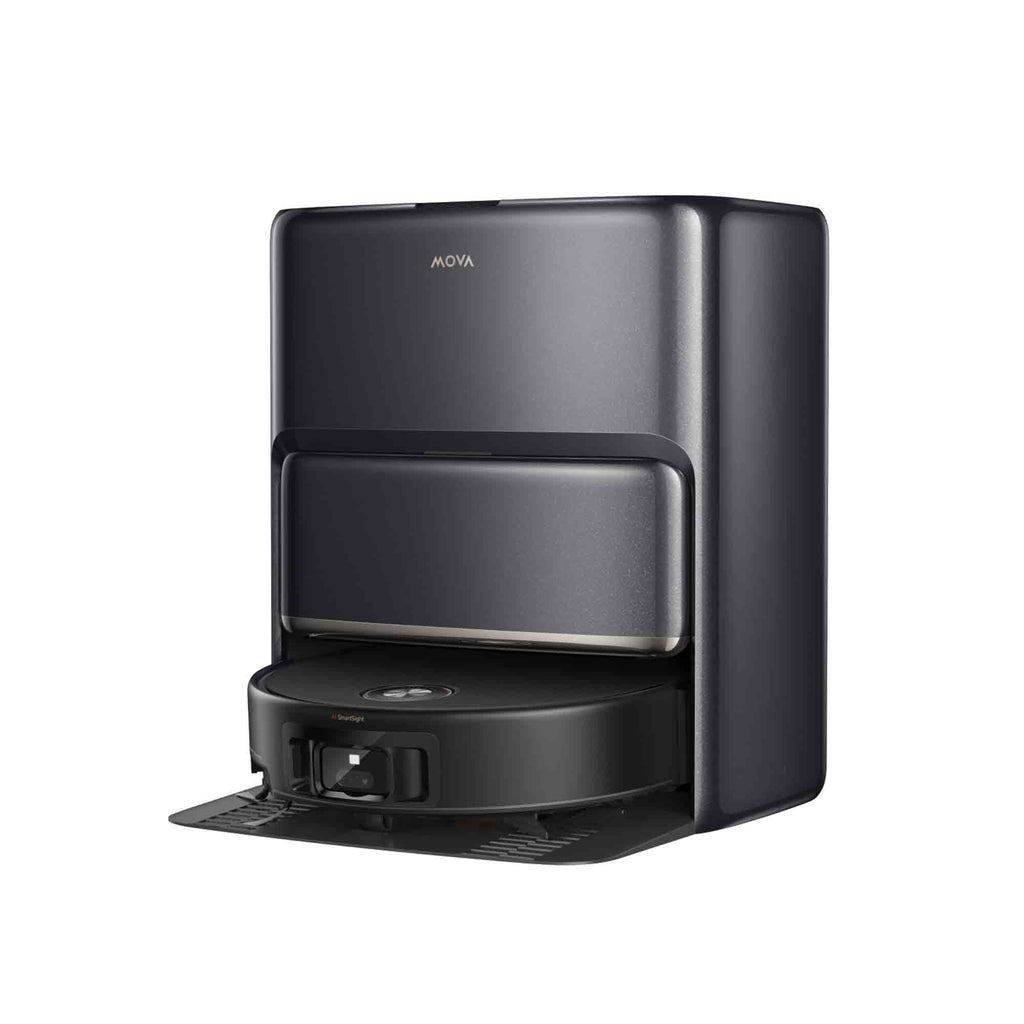 Mova Black robot vacuum cleaner on a white background