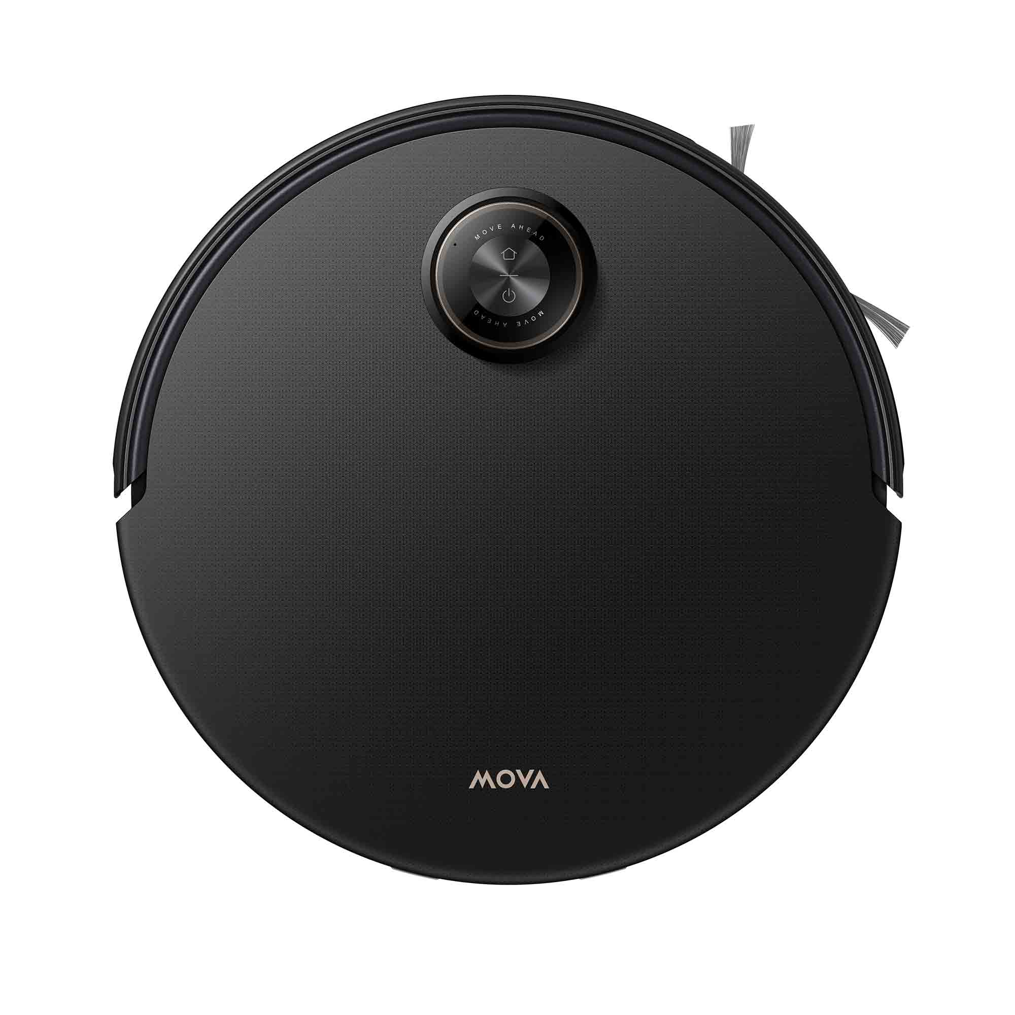 Black robot vacuum cleaner with 'MOVA' branding on a white background
