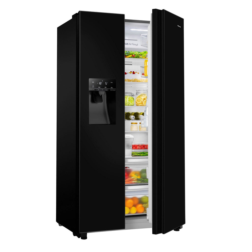Hisense RS694N4TBE 179cm Tall American Fridge Freezer with Non-plumbed Ice & Water, 371 Litre Fridge, 191 Litre Freezer, 90cm Wide, Frost Free, Black