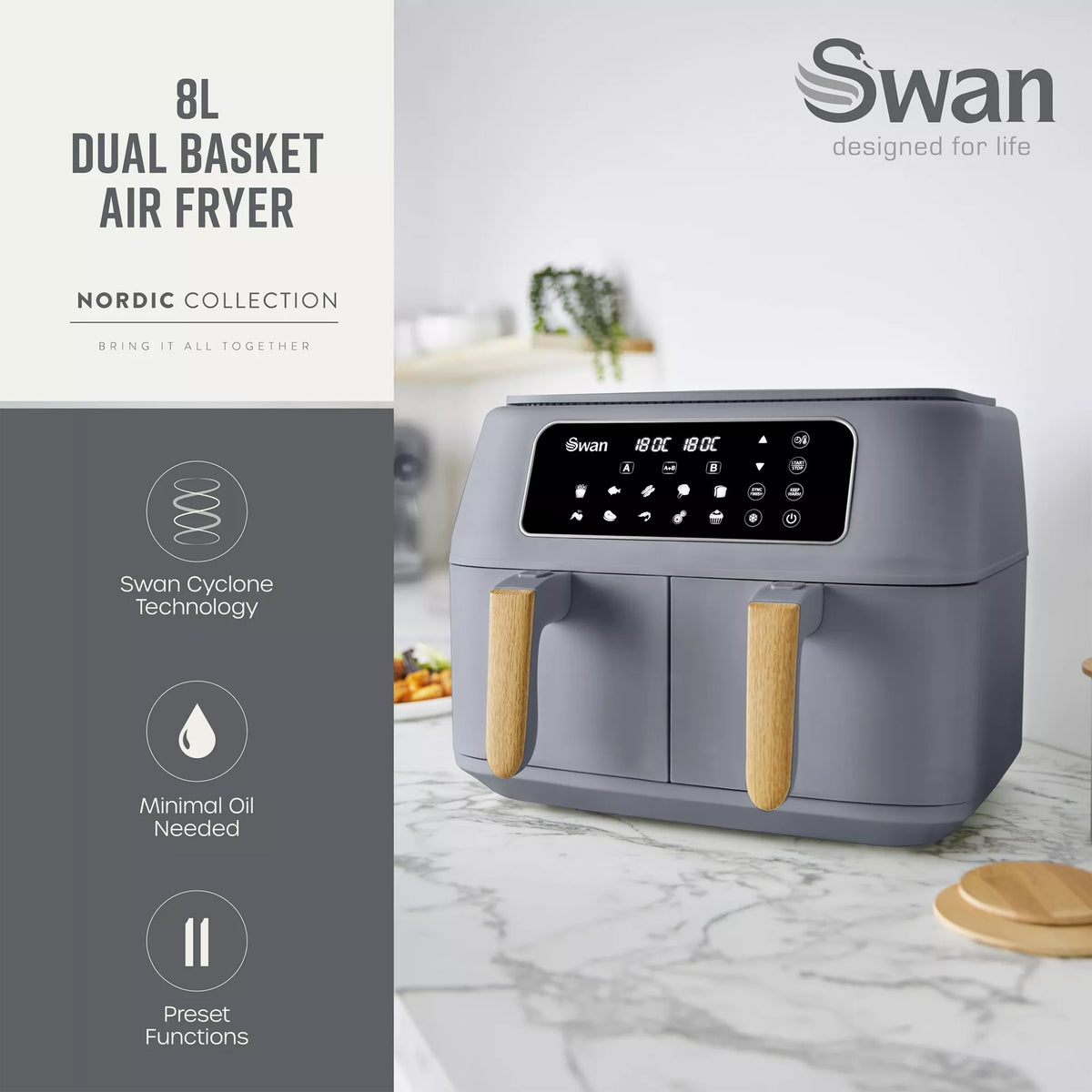 Swan Nordic Dual 2 x 4L 13-in-1 Air Fryer in Grey - SD10410GRY
