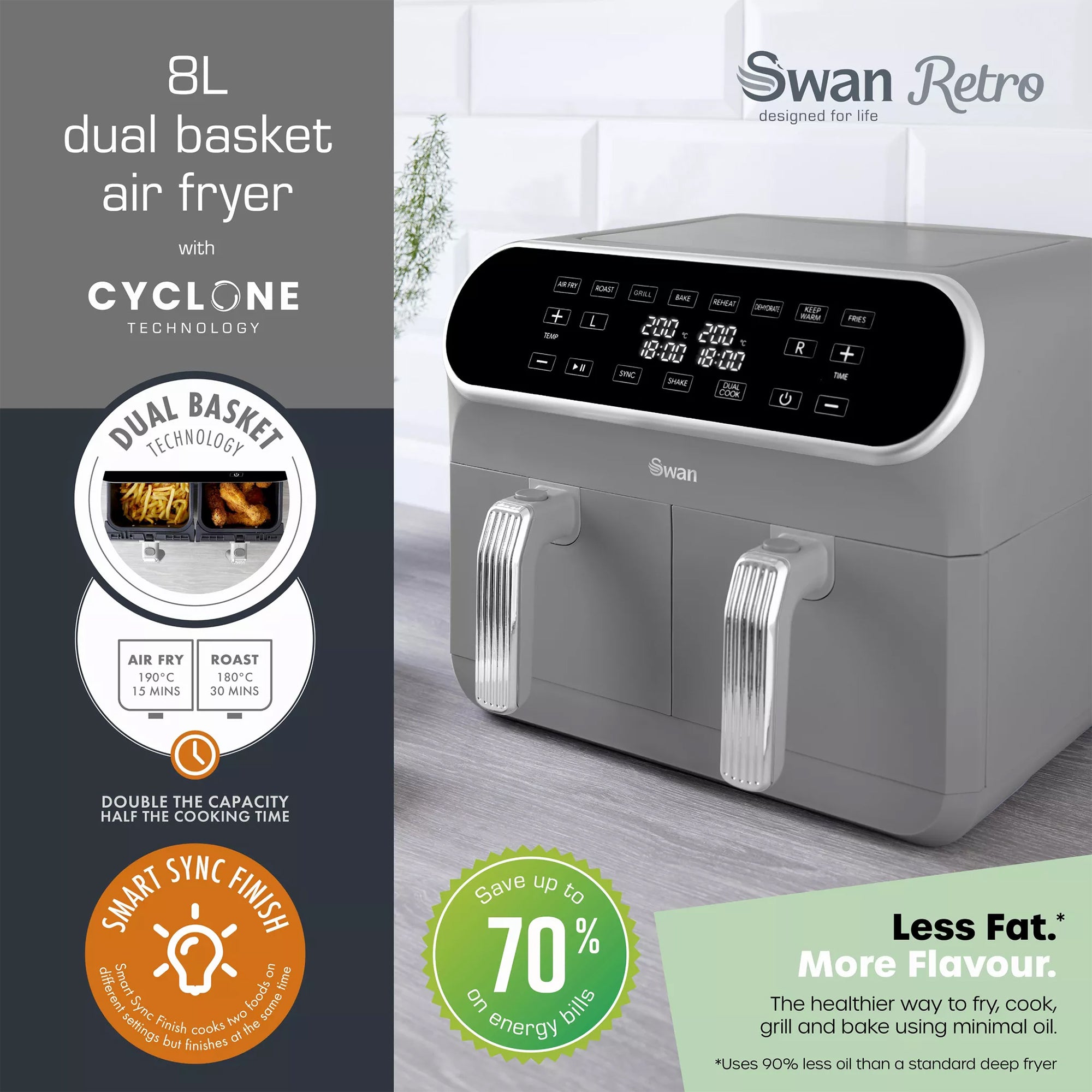 Swan Retro 8L Dual Basket Air Fryer in Grey – SD10519GR
