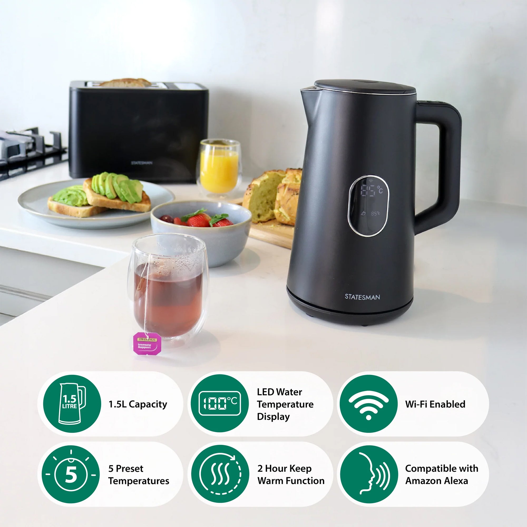 Statesman 1.5L 1800W Smart Jug Kettle - Black (SKK01518B)