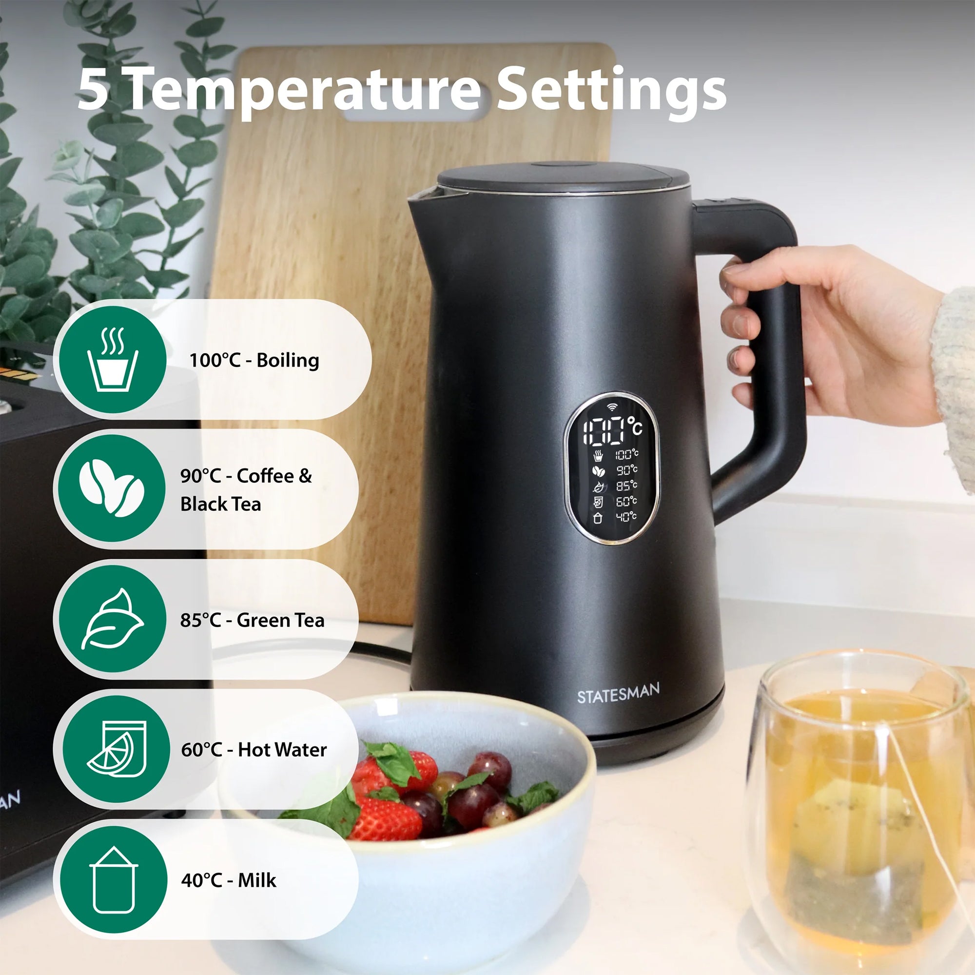 Statesman 1.5L 1800W Smart Jug Kettle - Black (SKK01518B)