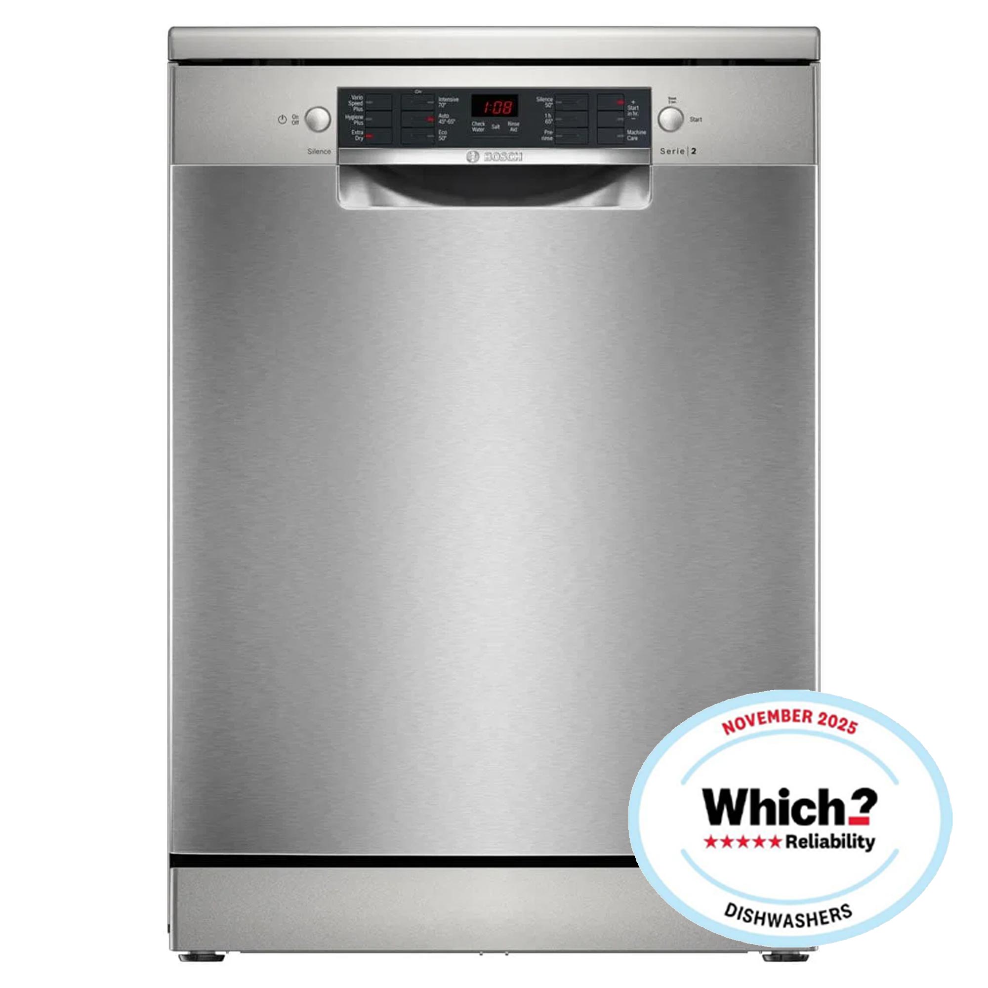 Bosch SMS26AI08G 12 Place Setting Freestanding Dishwasher, 60cm Wide, Brushed Steel