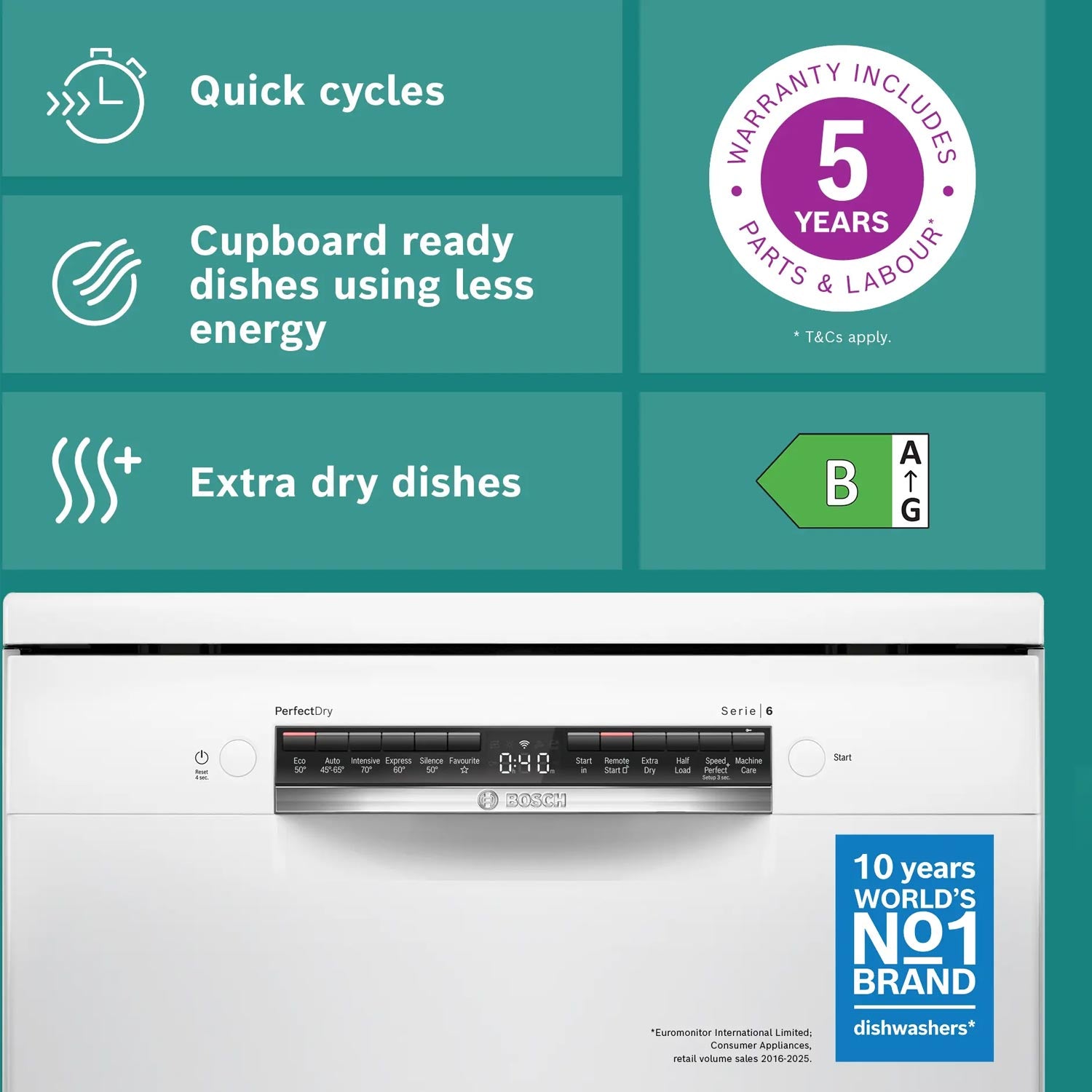 Bosch SMS6ZCW10G 14 Place Setting Freestanding Dishwasher with PerfectDry, 60cm Wide, White