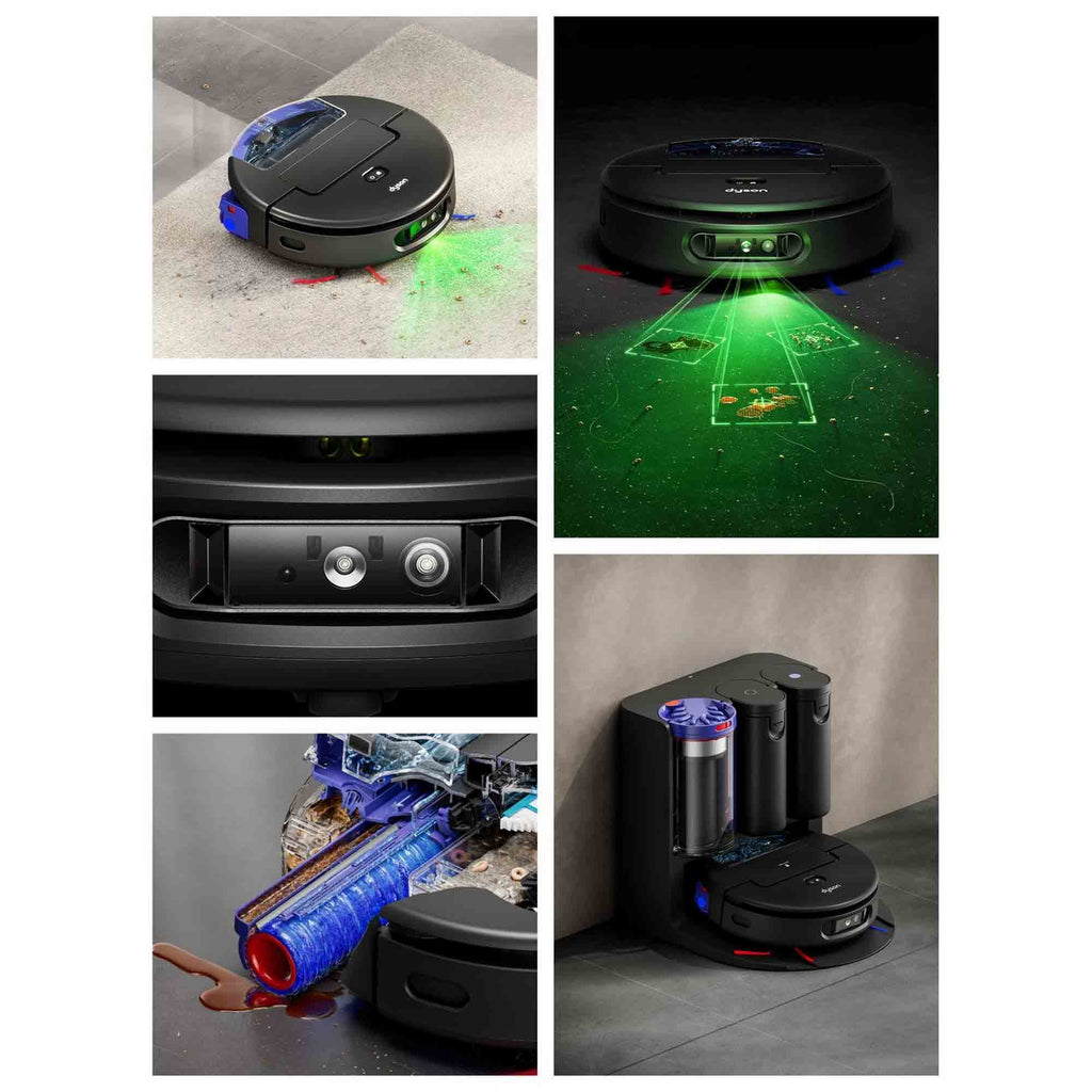 Collage of a robot vacuum cleaner in various actions on a tiled floor.