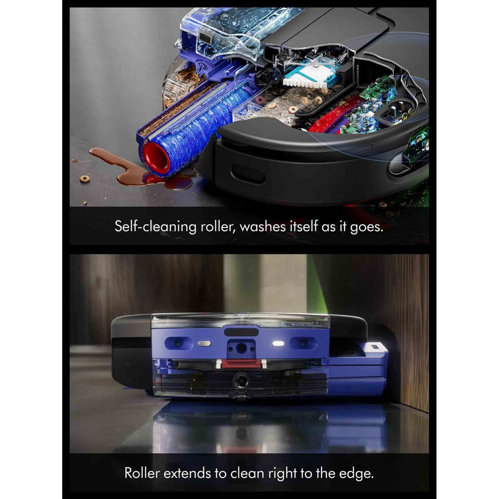 Self-cleaning roller, washes itself as it goes. Roller extends to clean right to the edge.