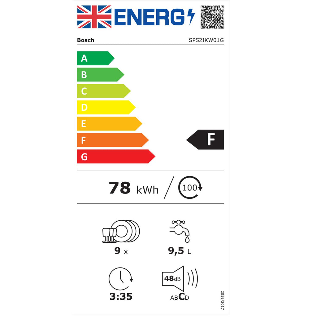 Bosch SPS2IKW01G 9 Place Setting Freestanding Slimline Dishwasher, 45cm Wide, White