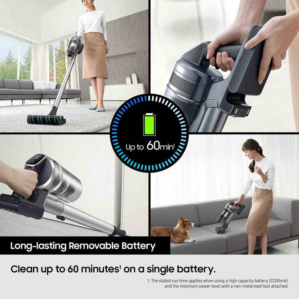 Long lasting removable battery. Clean up to 60 minutes on a single battery.
