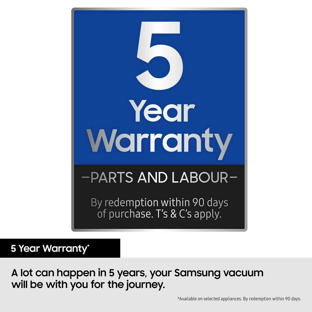 5 Year Warranty sign for Samsung vacuum with blue, white, and black design.