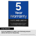 5 Year Warranty sign for Samsung vacuum with blue, white, and black design.