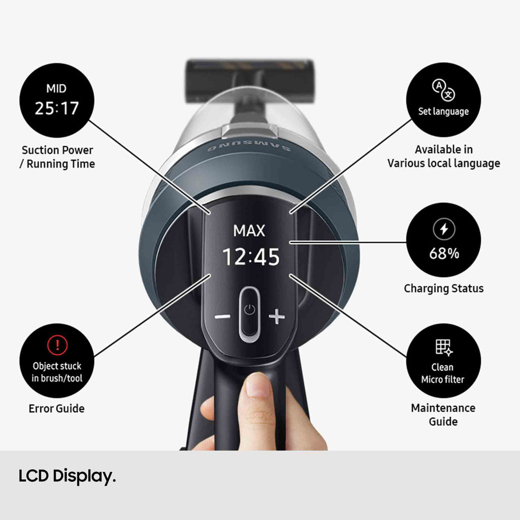 Samsung Jet 85 handheld vacuum cleaner with LCD display and various status indicators.